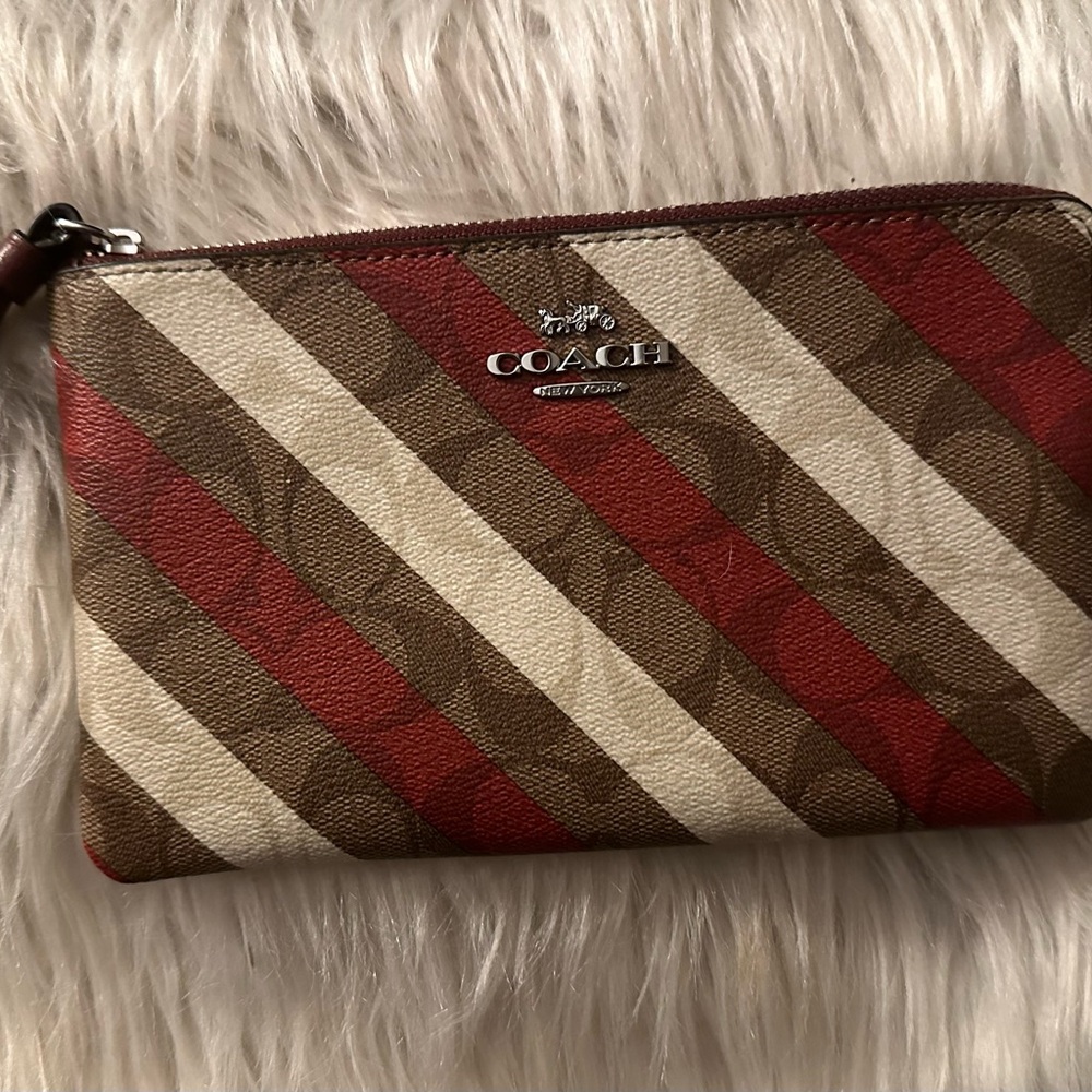 Coach Signature Large Corner Zipper Wristlet in Red Brown and Beige Stripes